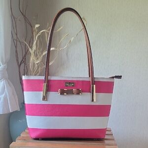 Kate Spade Pink and White Tote with Brown Handles